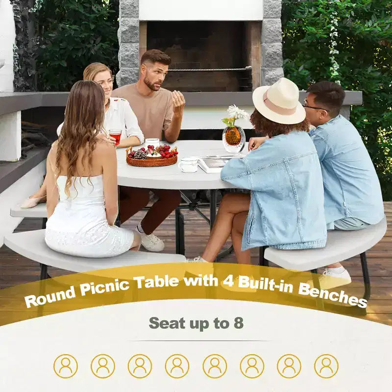 Costway Outdoor 8-Personen-Rund-Picknicktisch-Bank-Set mit 4 Bänken & Sonnenschirmloch Schwarz/Grau/Grün/Weiß