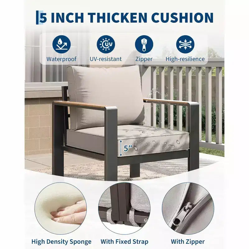 Aluminium-Terrassenmöbel-Set, Outdoor-Ecksofa mit 5 dicken Kissen, 4 Armlehnen & Couchtisch für Garten, Terrasse, Hinterhof