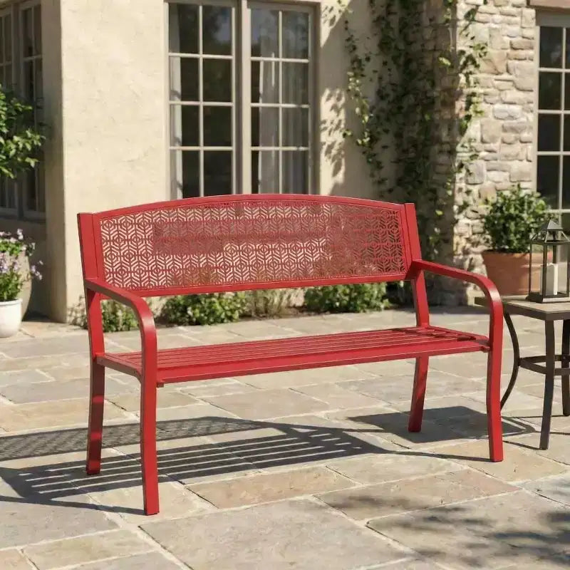 Gartenbank aus Metall für 2 Personen, Stahlbank mit geometrischer Rückenlehne für Terrasse, Garten und Veranda