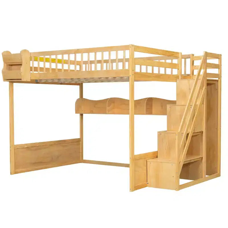 Queen-Hochbettgestell mit Treppe, Kleiderschrank & Regalen - MDF, 650 lb