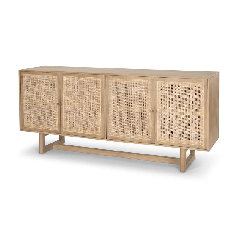 Grier Sideboard aus hellem braunem Massivholz und Rohrgeflecht mit 4 Türen – 72,0 L x 18,0 B x 31,0 H