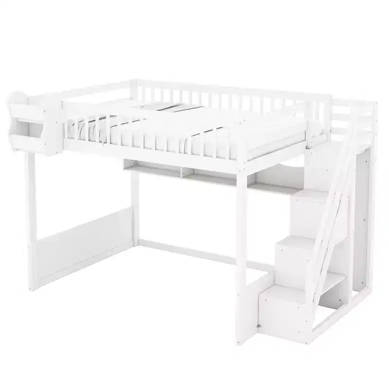 Queen-Hochbettgestell mit Treppe, Kleiderschrank & Regalen - MDF, 650 lb