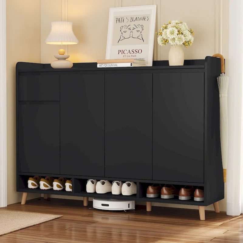 Eleganter, moderner Schuhschrank mit verstellbaren Einlegeböden, minimalistischer Haushalts-Organizer mit Massivholzbeinen