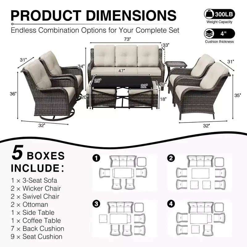 UPTIOT Premium Outdoor-Lounge-Set mit Sofa, Drehstühlen und Fußhocker für ultimativen Komfort und Stil