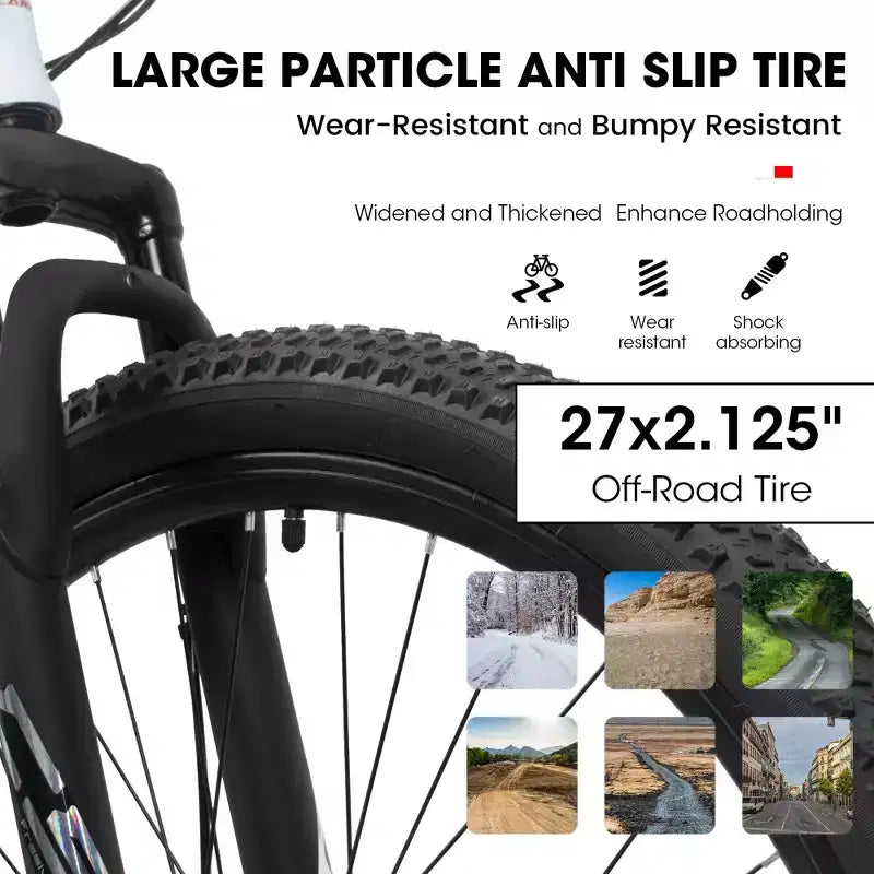 Okak 27-Zoll-Mountainbike mit Federgabel und Aluminiumrahmen, 21-Gang-Dirtbike mit Scheibenbremse, Fahrrad für erwachsene Männer und Frauen