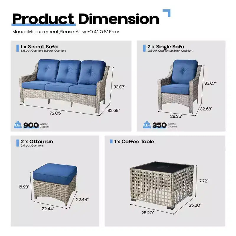 HOMLUX 6-teiliges Terrassen-Loungeset aus Polyrattan mit 3-Sitzer-Sofa und Polstern, Rattanstühlen, Hockern und Couchtisch