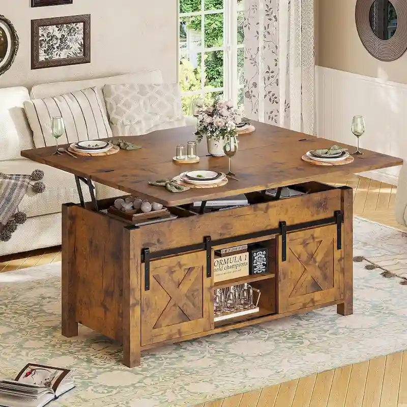 Couchtisch mit Hubplatte, 2 Schiebetüren im Scheunentor-Design und Stauraum, Esstisch