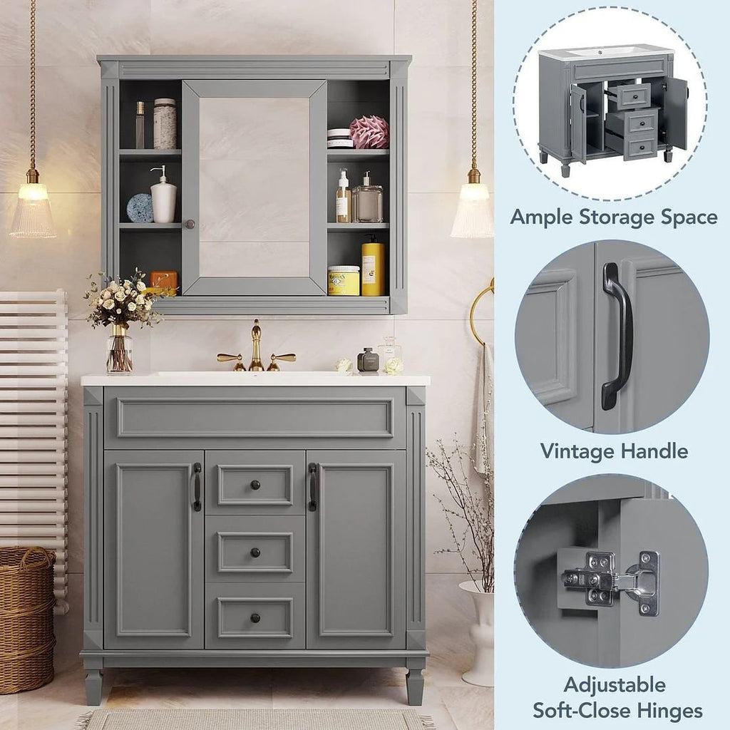 36" Moderner Badezimmer-Waschtisch mit Aufsatzwaschbecken und Spiegelschrank, 2 Türen und 2 Schubladen