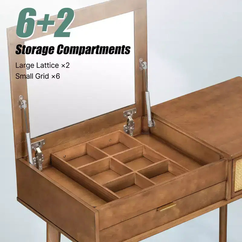 GDFStudio Vita Classic Schminktisch-Set aus Holz mit aufklappbarer Tischplatte, verstecktem Spiegel, 3 Schubladen und gepolstertem Hocker