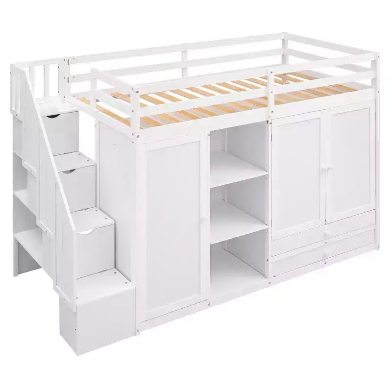 93,3 Funktionales Hochbett mit Kleiderschränken, Regalen, Schubladen und Stauraumleiter