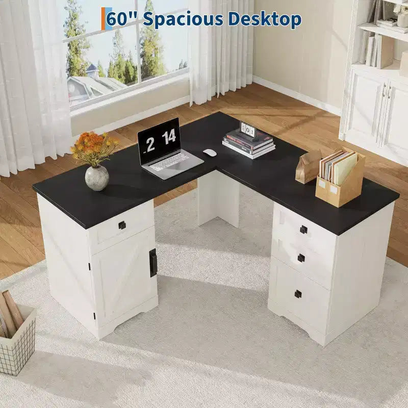 60 Zoll L-förmiger Executive-Schreibtisch im Landhausstil, Eck-Schreibtisch für das Home-Office mit Aktenschublade, Aufbewahrungsschrank & verstellbarem Fachboden
