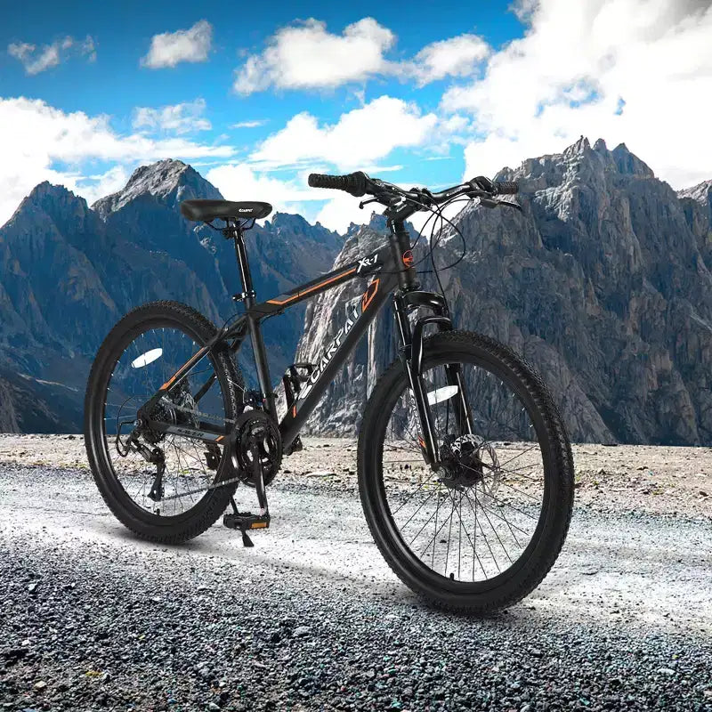 Okak 24 Zoll Mountainbike mit Stahlrahmen, Kinderfahrrad mit Shimano 21-Gang-Schaltung, doppelten Scheibenbremsen und Vordergabel-Federung, Fahrrad für Jugendliche