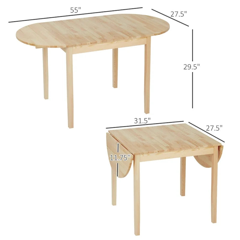 HOMCOM 55 cm Massivholz-Küchentisch, Klapptisch für kleine Räume, ausklappbarer Esstisch