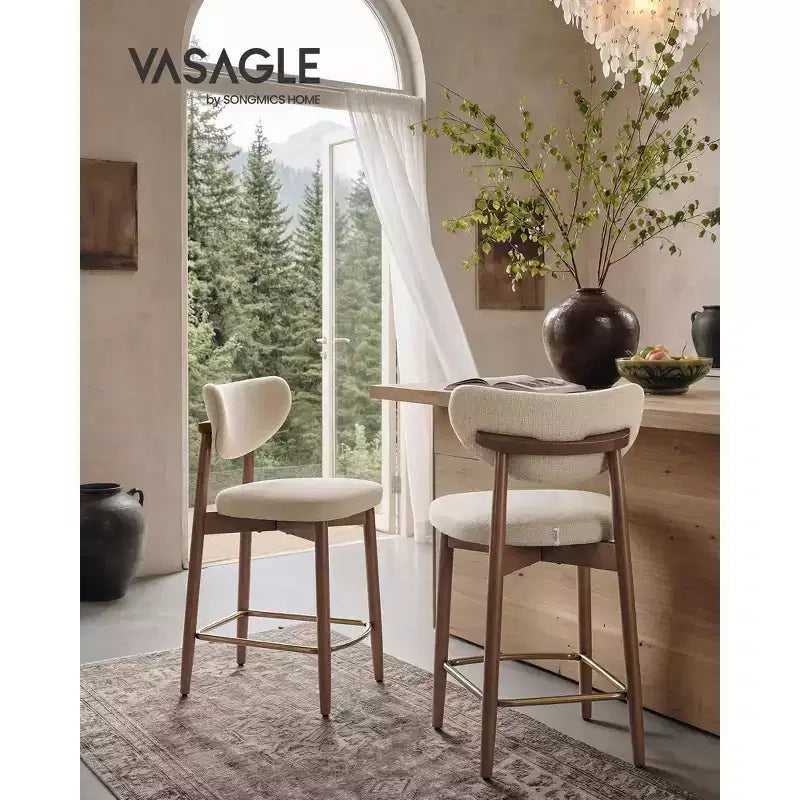 VASAGLE Barhocker aus Holz, 2er-Set, gepolsterte Thekenhöhe Barhocker mit Massivholzbeinen, ergonomischer Rückenlehne, Leinen-Optik-Stoff, Cappuccino