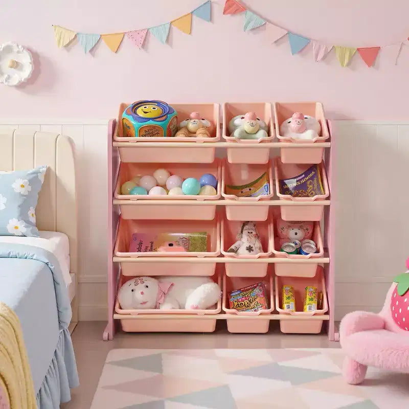 VECELO Kinder-Bücherregal mit Spielzeugaufbewahrung und 12 Körben, Spielzeugregal aus Holz für Kleinkinder, geräumige Spielzimmeraufbewahrung für Bücher oder Spielzeug