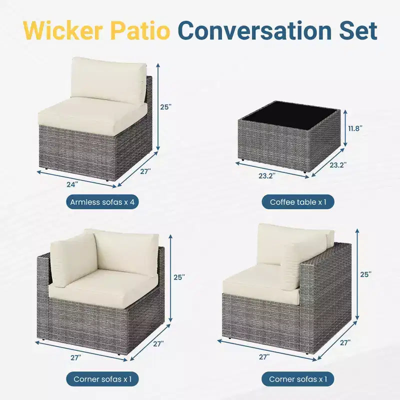 7-teiliges Outdoor-Gartenmöbel-Set, Geflochtene Lounge-Garnituren mit Auflagen und Couchtisch, Modulares Outdoor-Ecksofa