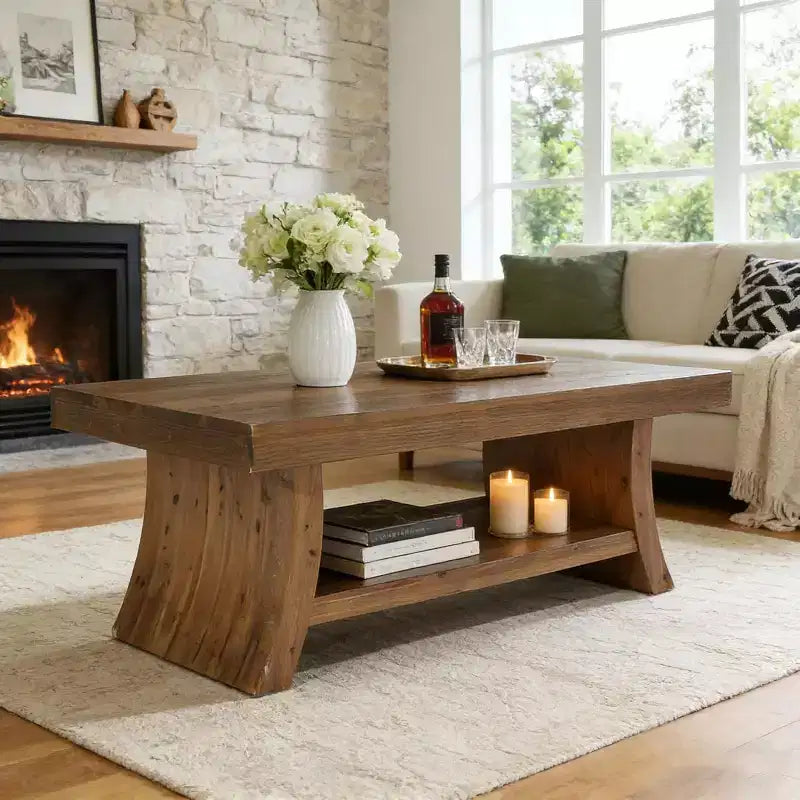 Lantine 119,9 cm Landhaus-Couchtisch mit Ablagefach, Mid-Century moderner Massivholz-Wohnzimmertisch mit geschwungenem Gestell, Walnuss