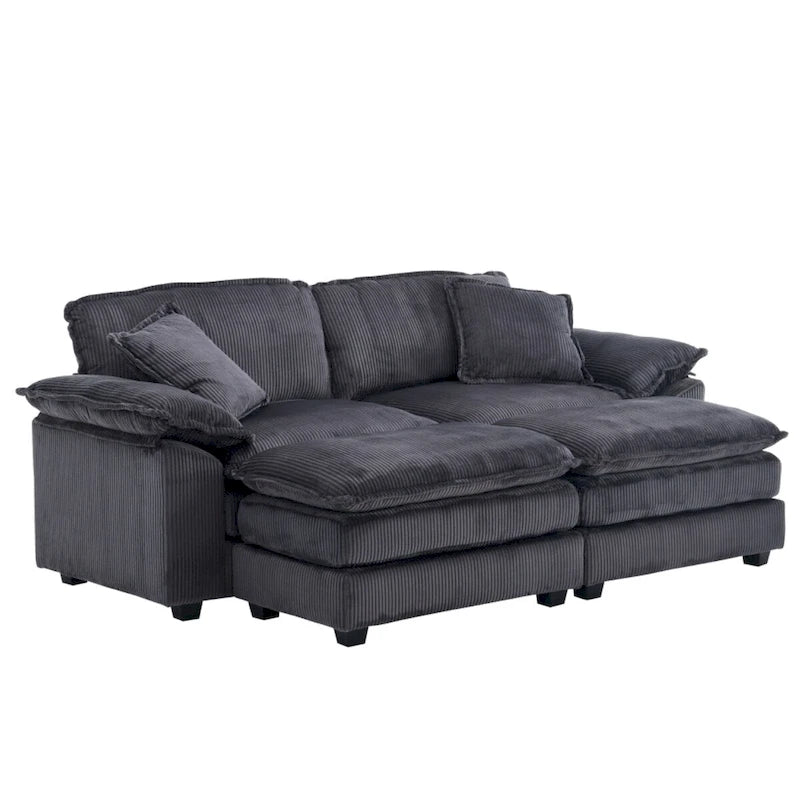 Modernes 2-Sitzer-Sofa aus Cord mit 4 Stützkissen und 2 Hockern