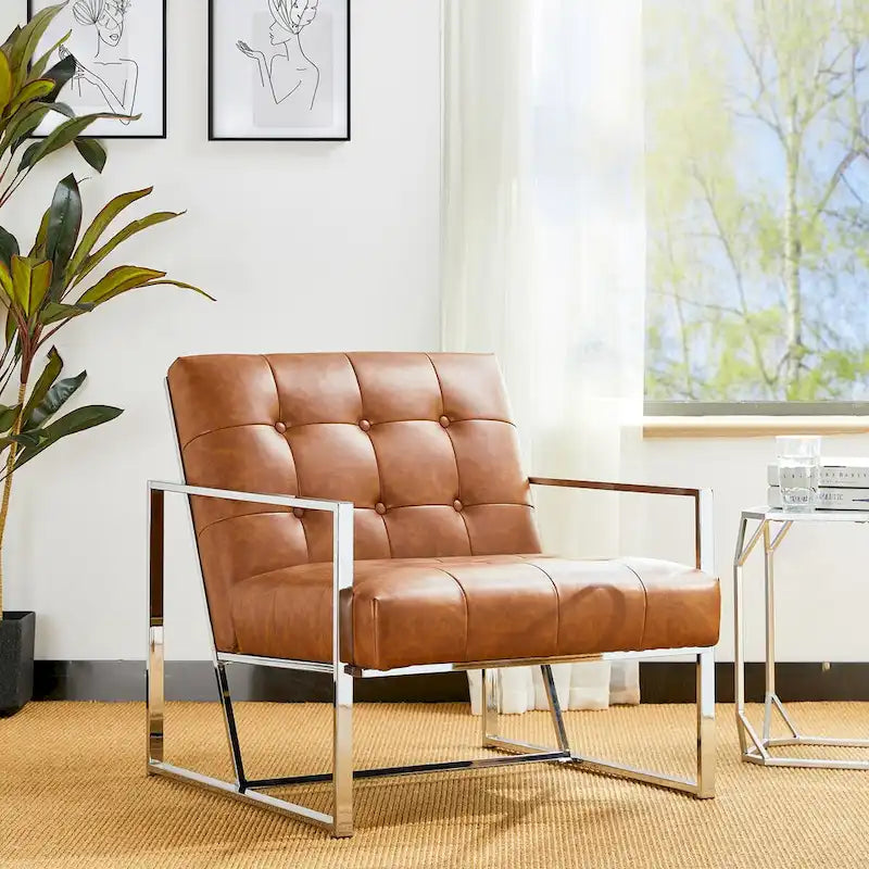 Glitzhome 77,5 cm hoher Mid-Century Akzentstuhl in Creme, PU-Leder mit Knopfheftung und verchromtem Gestell