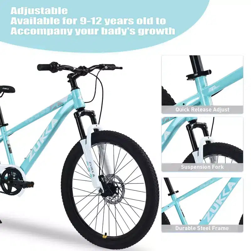 NAYSAYE 24 Zoll Mountainbike Kinderfahrrad mit Federgabel und Stahlrahmen für Kinder von 9 bis 12 Jahren, Cyan, 162 * 63 * 94,5 cm