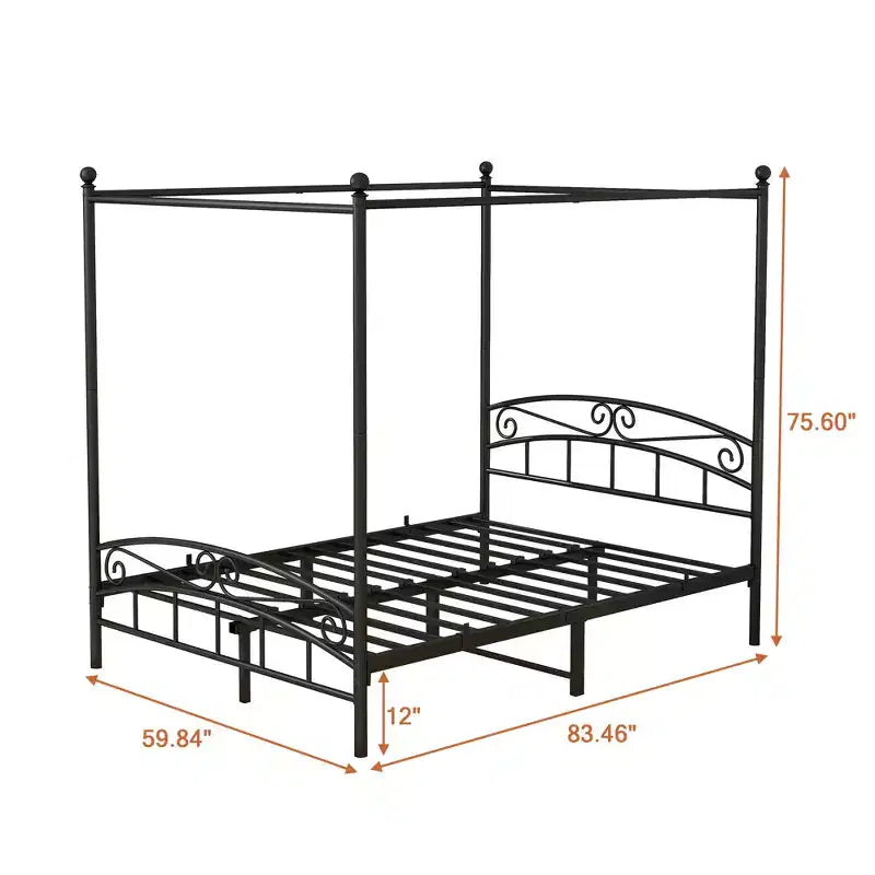 Queen-Size Himmelbett-Metallrahmen mit Vintage-Kopfteil und 31,5 cm Stauraum unter dem Bett