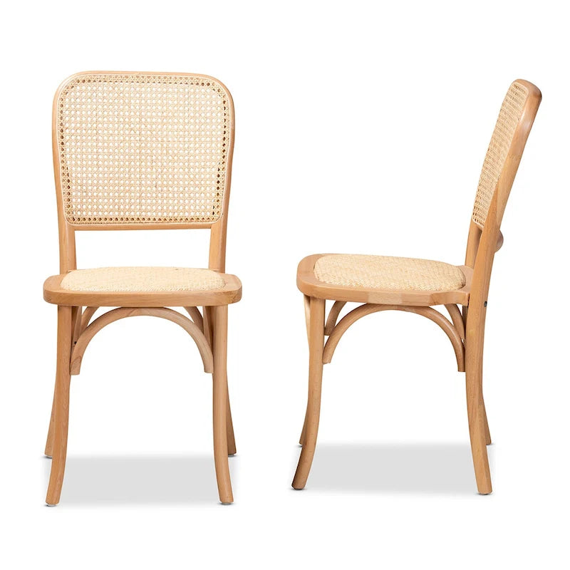 Neah Mid-Century Modern 2er-Set Esszimmerstühle aus geflochtenem Rattan und Holz