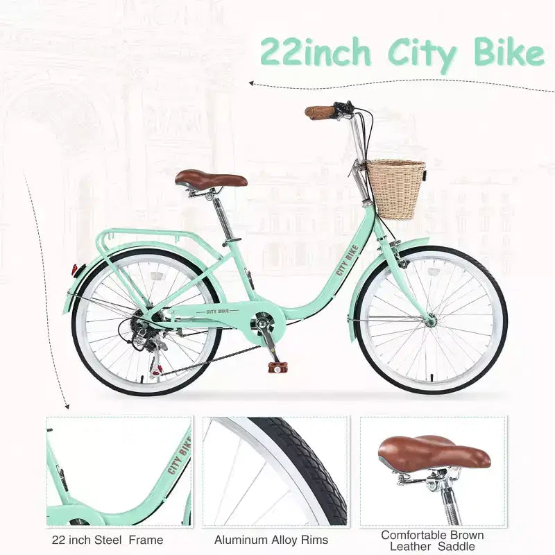 Okak 22-Zoll-Cruiser-Fahrräder mit Frontkorb, Mädchenfahrrad mit Stahlrahmen, V-Bremse und Komfortsattel, Fahrrad für Mädchen und Frauen