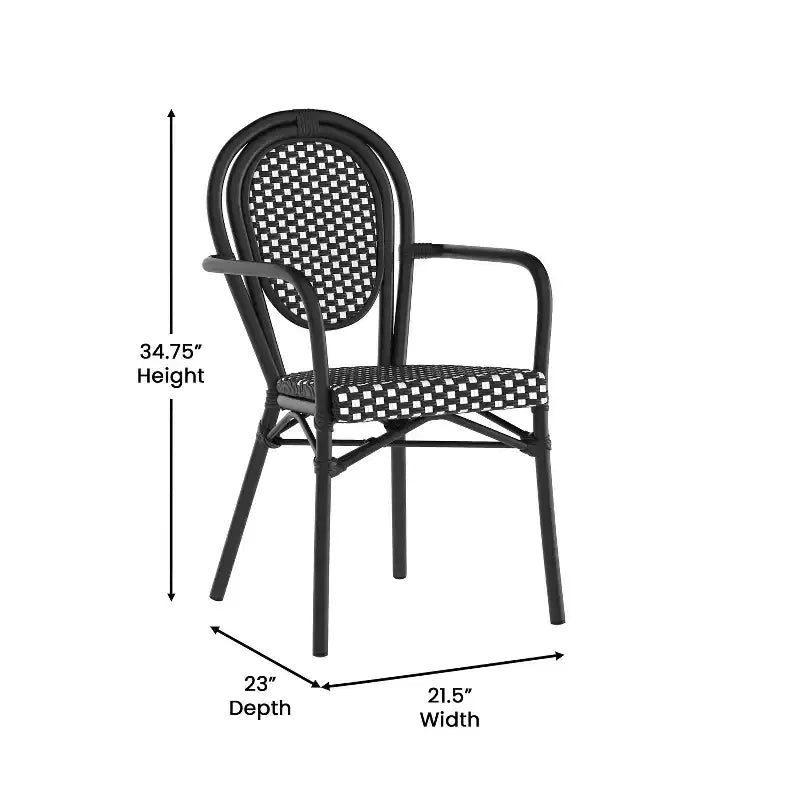 Flash Furniture 4er-Set Lourdes Indoor/Outdoor Gastro-Bistro-Stapelstuhl mit Armlehnen im Thonet-Stil, PE-Rattan und Aluminiumgestell