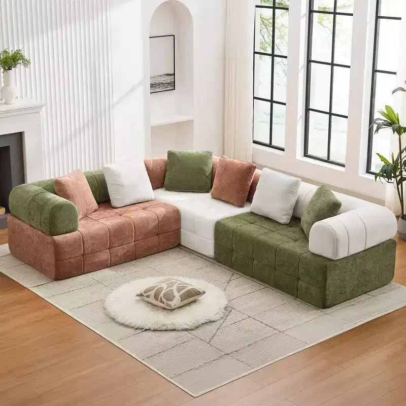 280 cm breites, modulares 4-Sitzer-Sofa aus Chenille im Colorblock-Design mit geschwungenen Armlehnen