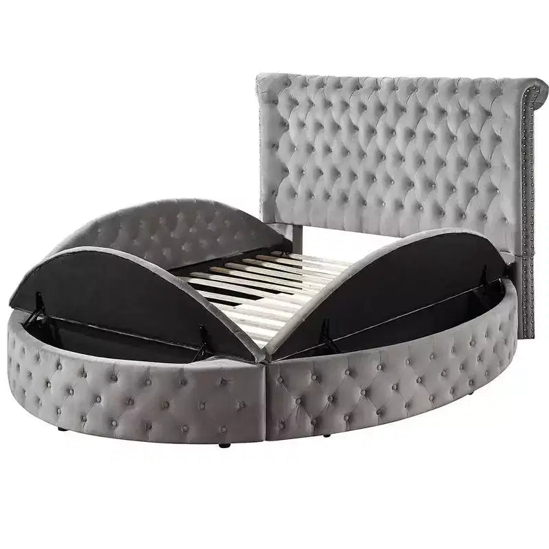 109 Queen-Bett Gaiva Bett Grauer Samt - Acme Furniture: Elegantes Design mit Nagelköpfen und Knopfheftung, Rahmen aus Holzwerkstoff