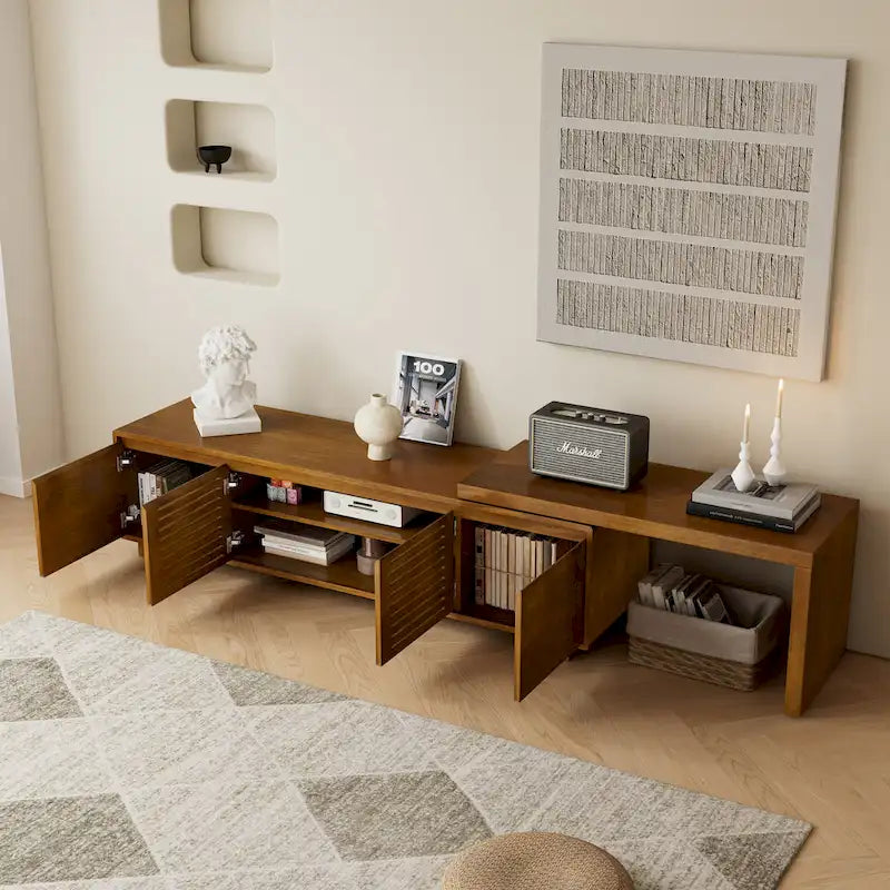 Erweiterbarer Mid-Century TV-Schrank mit 4 Staufächern und Lochtür für Wohnzimmer-Entertainment-Center