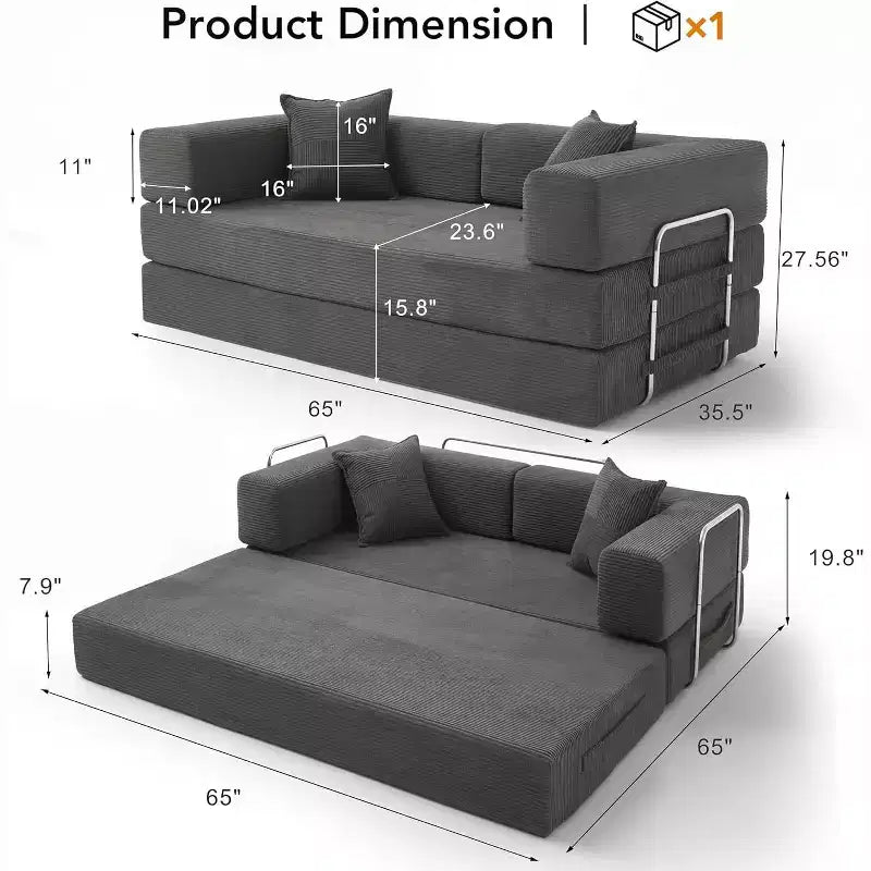 Dyonery 65-Zoll 5-in-1-Schlafsofa, zu einem Doppelbett umbaubar, mit festem Metallrahmen, Cord