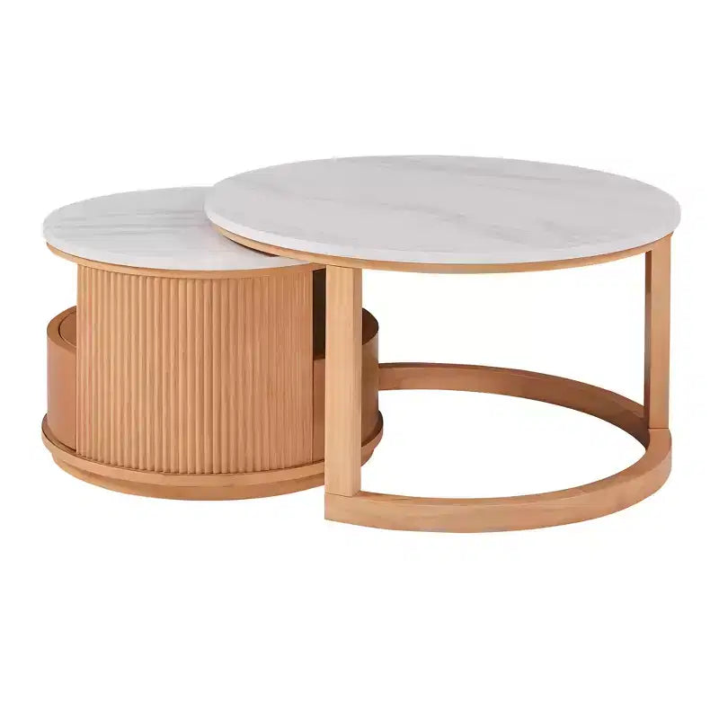 Moderner Couchtisch in Nesting-Bauweise mit Schublade, runder Wohnzimmertisch mit Stauraum