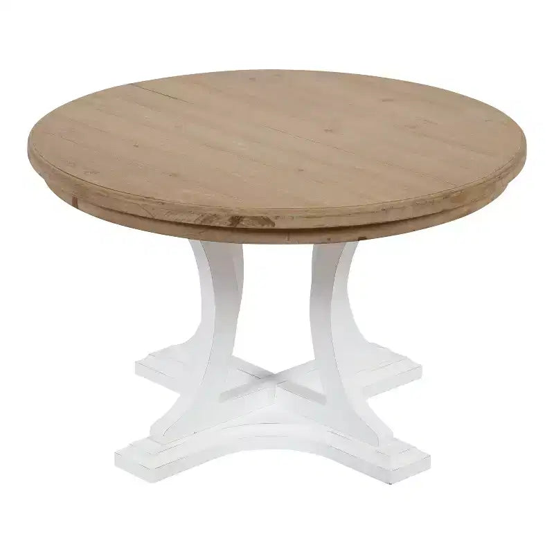 Runder Couchtisch aus Holz, rustikales Braun und Weiß, Kreuzfußgestell