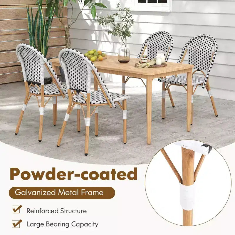 Costway Französischer Bistrostuhl 4er-Set mit handgeflochtenem Rattan und verzinktem Metallrahmen für den Außenbereich
