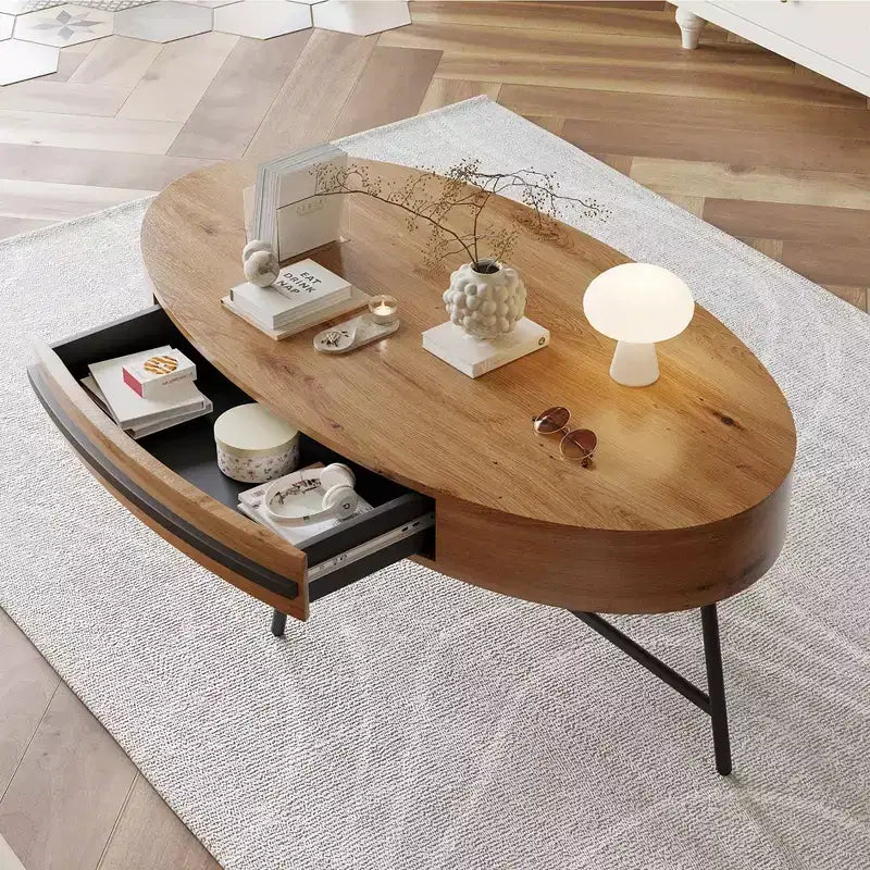 Ovaler Couchtisch mit Schublade, Mid-Century Modern Wohnzimmertisch 120 cm, Holztisch mit Stauraum und gekreuzten Metallbeinen, geschwungenes Design