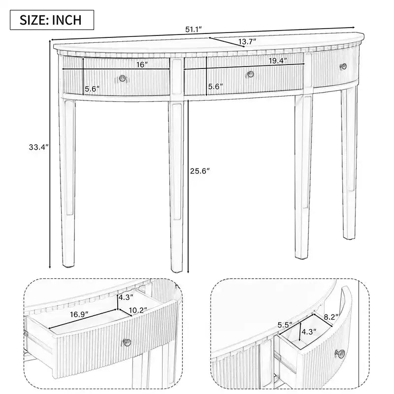 Konsolentisch mit 3 Schubladen, eleganter Konsolentisch, stabiler, sicherer Flur- und Sofatisch mit vertikal gestreiften Schubladenfronten