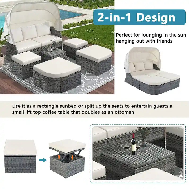 Graues Outdoor-Tagesbett aus Korbgeflecht mit Polstern und ausziehbarem Sonnendach