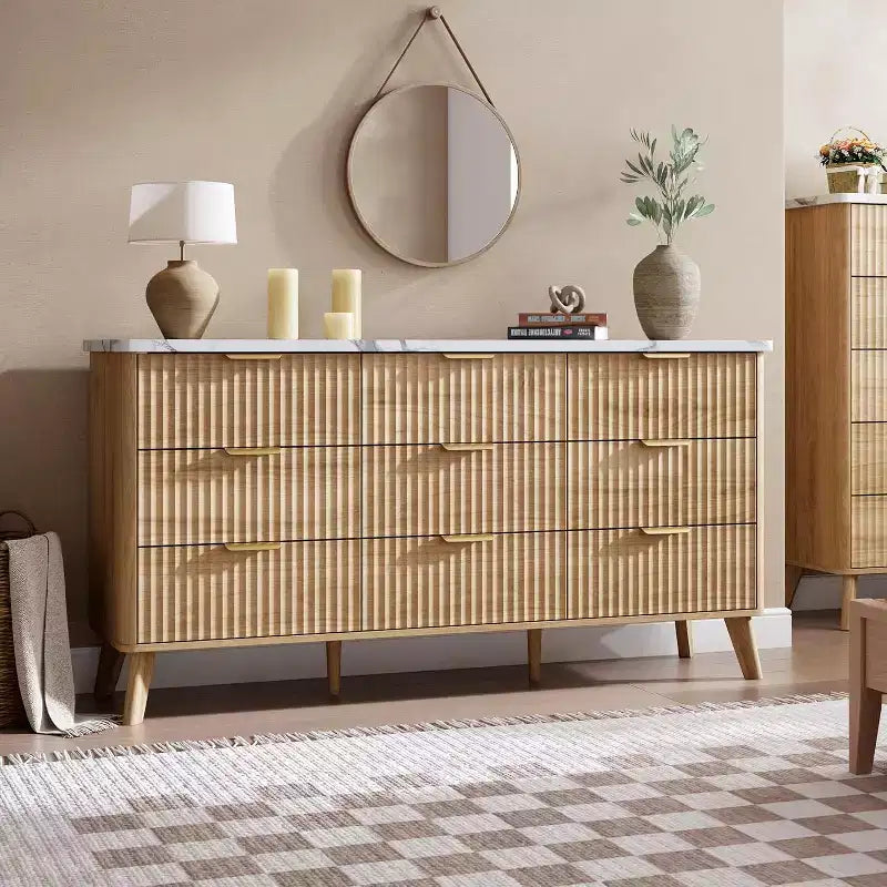 Geriffelte 9-Schubladen-Kommode, 60,6 breite Holzkommode mit tiefem Stauraum, für Schlafzimmer, Wohnzimmer oder Flur