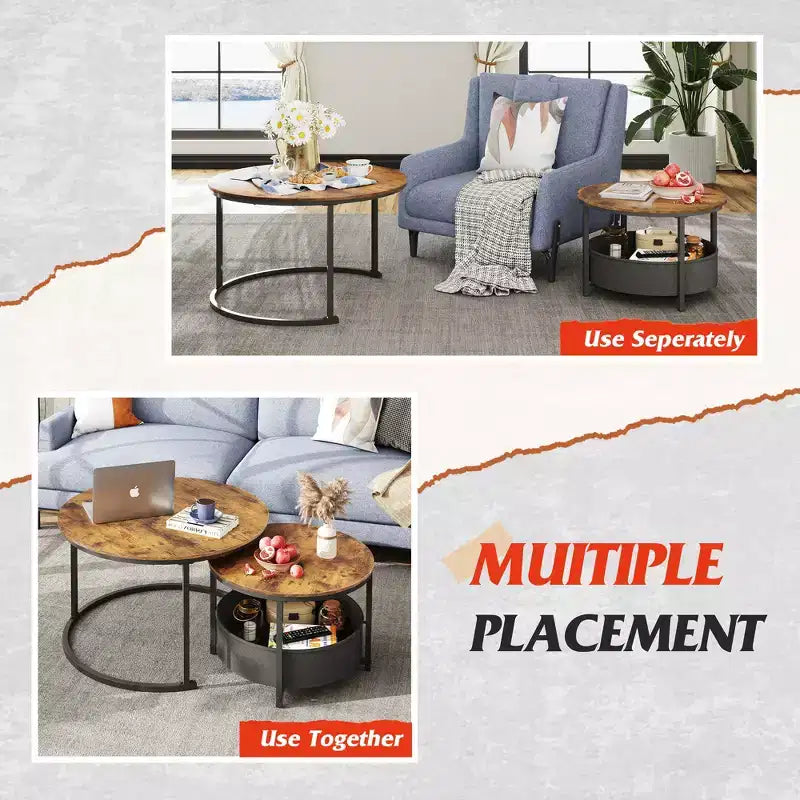 GALAXHERO 2er-Set verschachtelbare runde Couchtische – 31,5-cm-Beistelltische mit Ablagefach und Metallgestell für Wohnzimmer/Wohnung