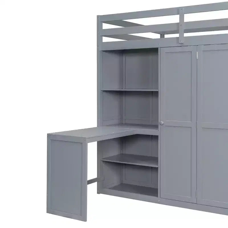 Whisen Hochbett in voller Größe mit Kleiderständern, klappbaren Regalen und Schreibtischen für ein organisiertes Zuhause