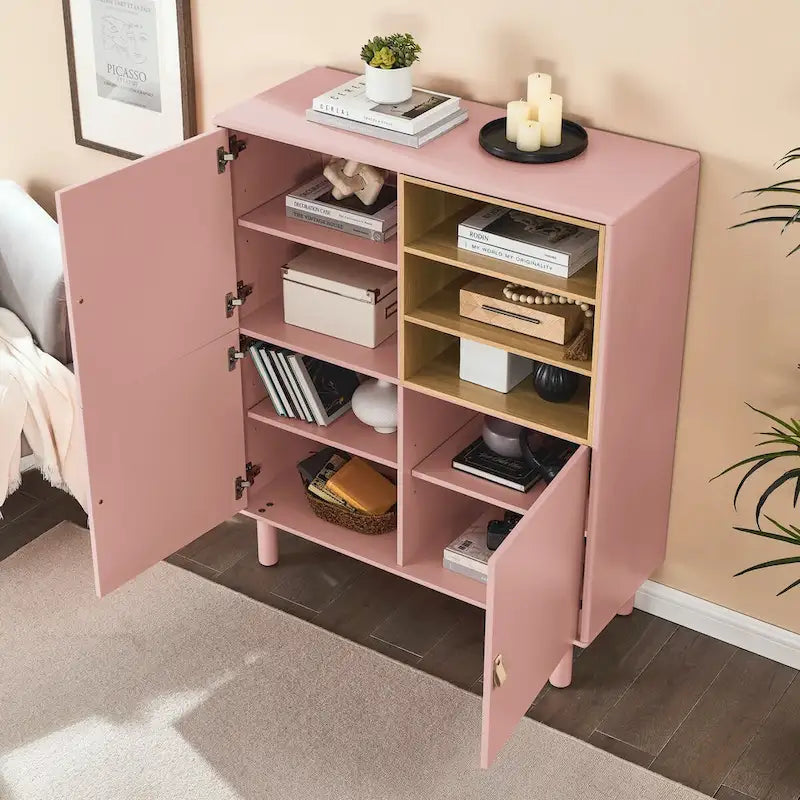 Multifunktionaler Aufbewahrungsschrank mit Tür, moderner Sideboard-Schrank, Holzaufbewahrungsschrank, Schubladenschrank mit Ledergriffen