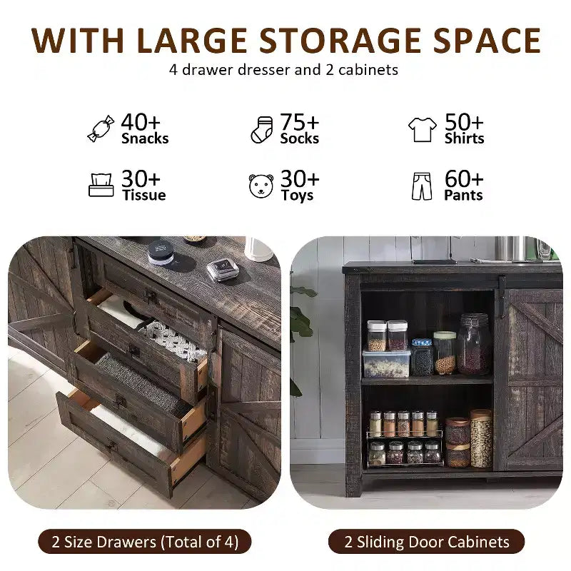 SinCiDo Farmhouse 60-cm-Schminktisch mit verschiebbarer Scheunentür und 4 Schubladen, Schubladenschrank für Wohnzimmer, Schlafzimmer und Kaffeebar