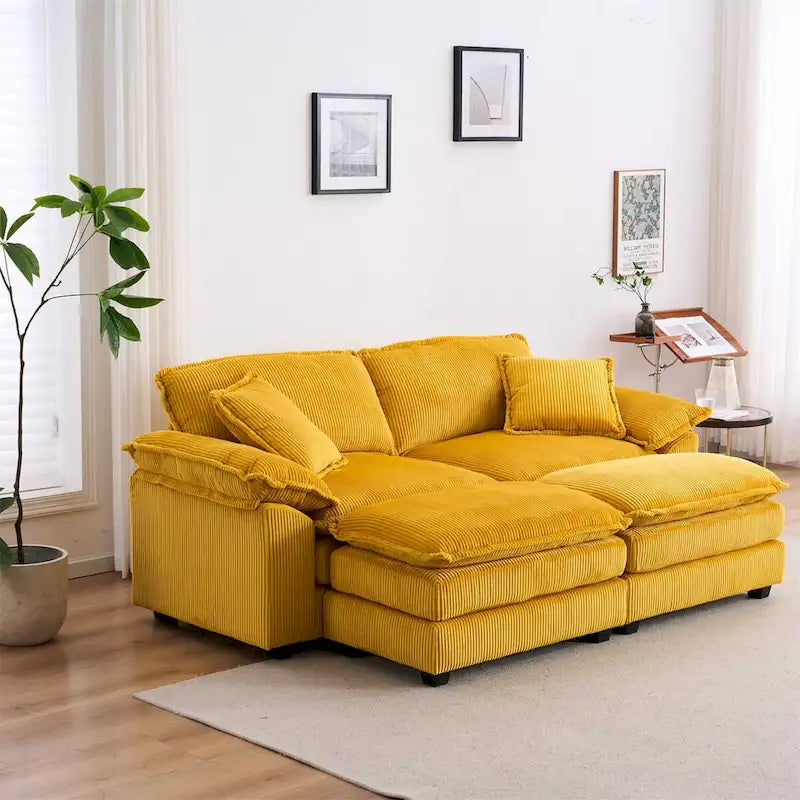 Modernes 2-Sitzer-Sofa aus Cord mit 4 Stützkissen und 2 Hockern