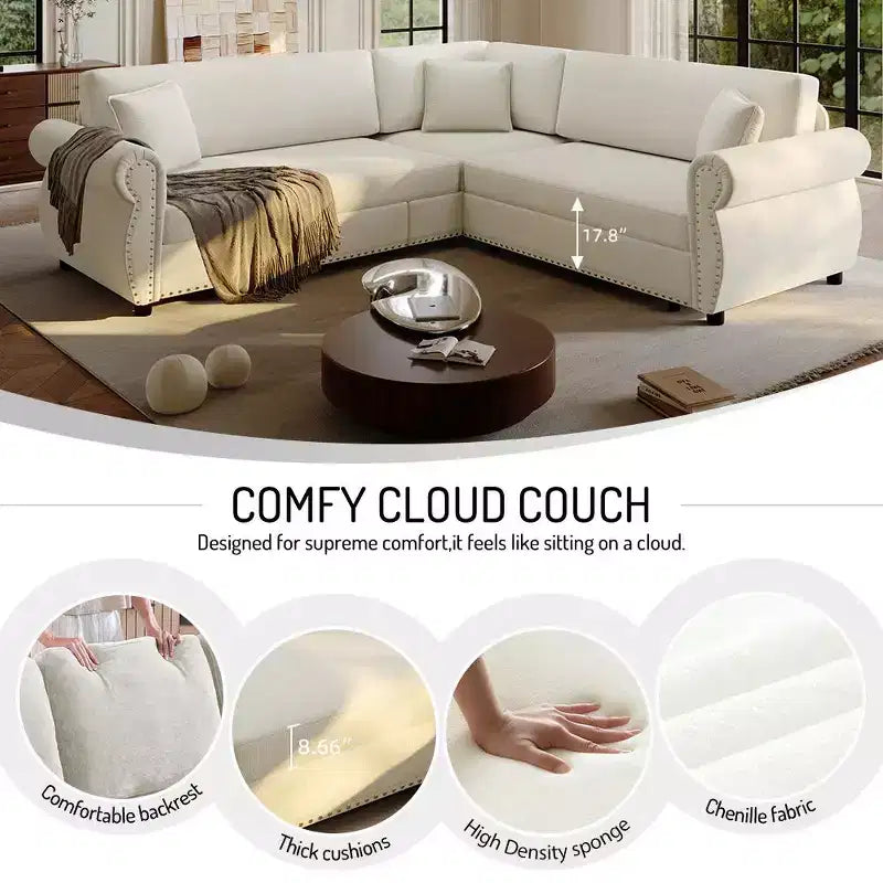 Homy Casa 88 L-förmiges Schlafsofa mit Ausziehbett, Chenille-Polsterung, 5-Sitzer, Beige