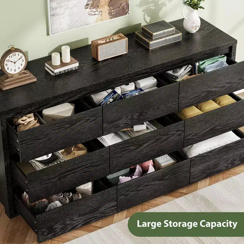 Kommode mit 9 Schubladen für das Schlafzimmer, breiter moderner Schubladenschrank aus Holz mit großem Stauraum, Holzkommode für Wohnzimmer, Flur und Eingangsbereich