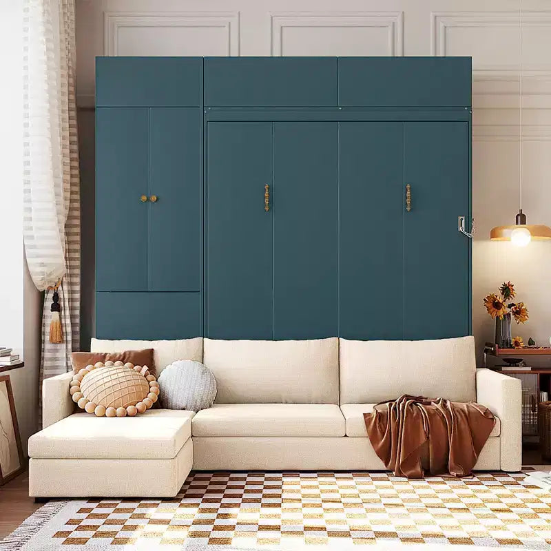 Schrankbett in Queen-Size mit Sofa und Schrank, hölzernes Queen-Size-Schrankbett als Wandbett mit Regalen, klappbares Wand-Schrankbett für Gästezimmer und Büro
