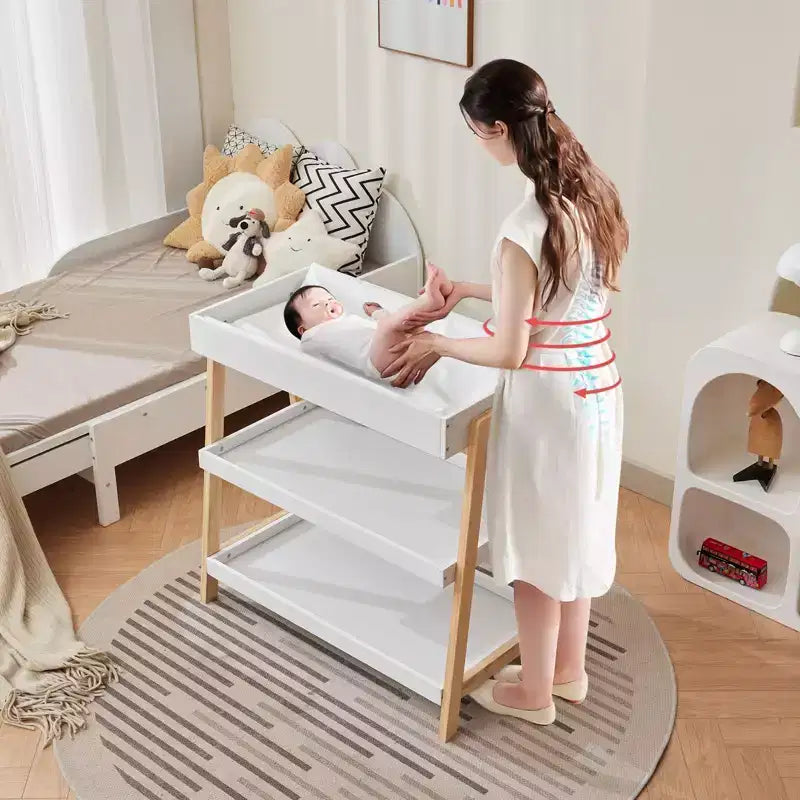 Moderner Wickeltisch mit wasserfester Auflage & 2 Ablagefächern, tragbare Baby-Wickelkommode aus Holz für Neugeborene/Kleinkinder, Holz+Weiß