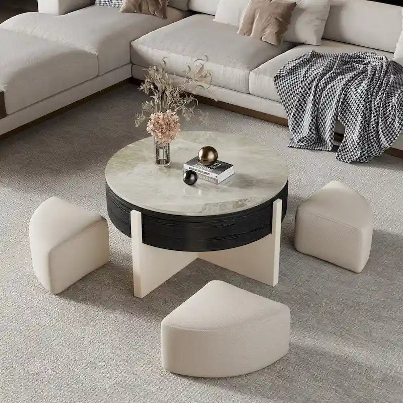 31,5 Zoll moderner Couchtisch, Couchtisch mit höhenverstellbarer Tischplatte und 3 Hockern, Schwarz – 31,5 × 31,5 Zoll