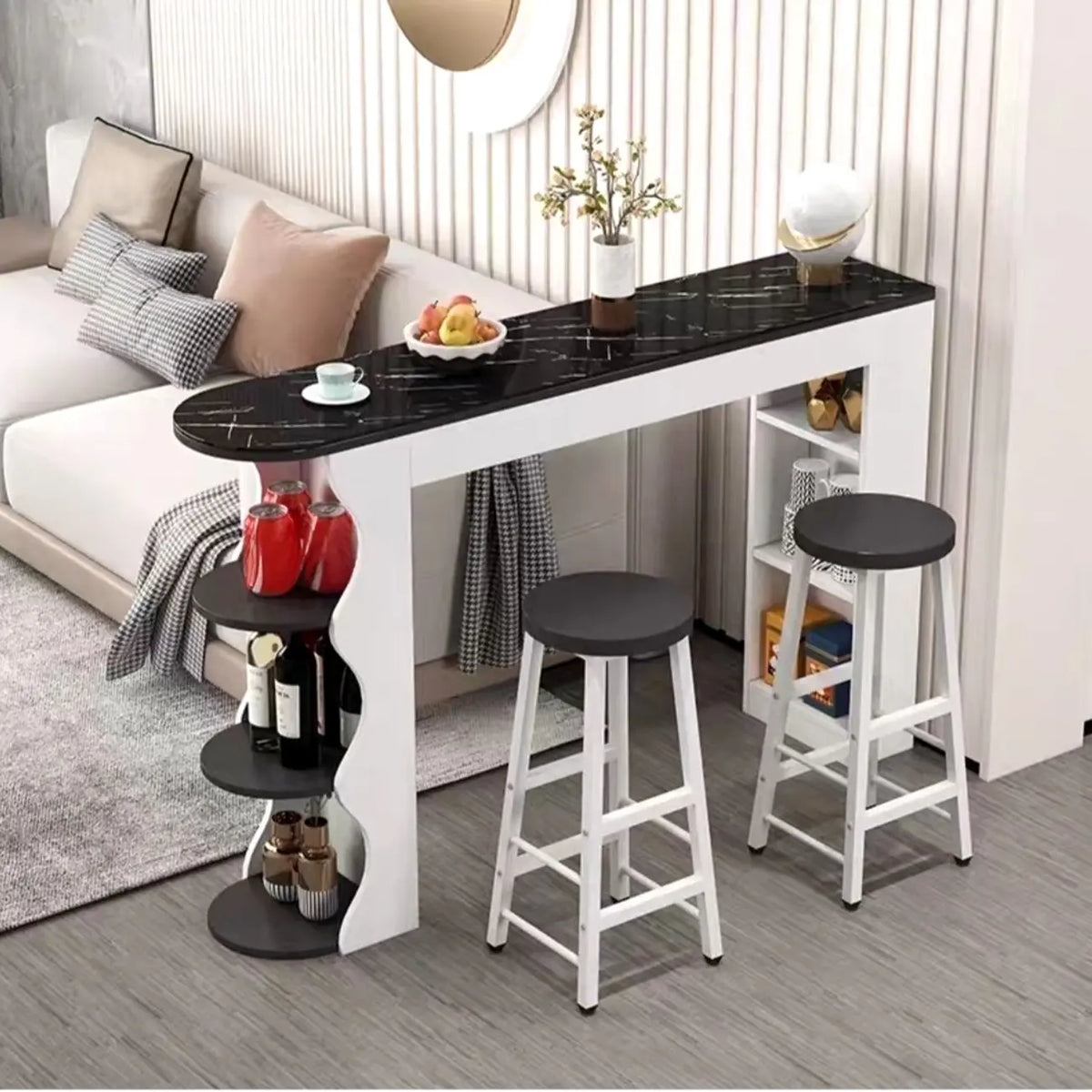 Moderne asymmetrische Bar-Tische aus schwarz-weißem Holz